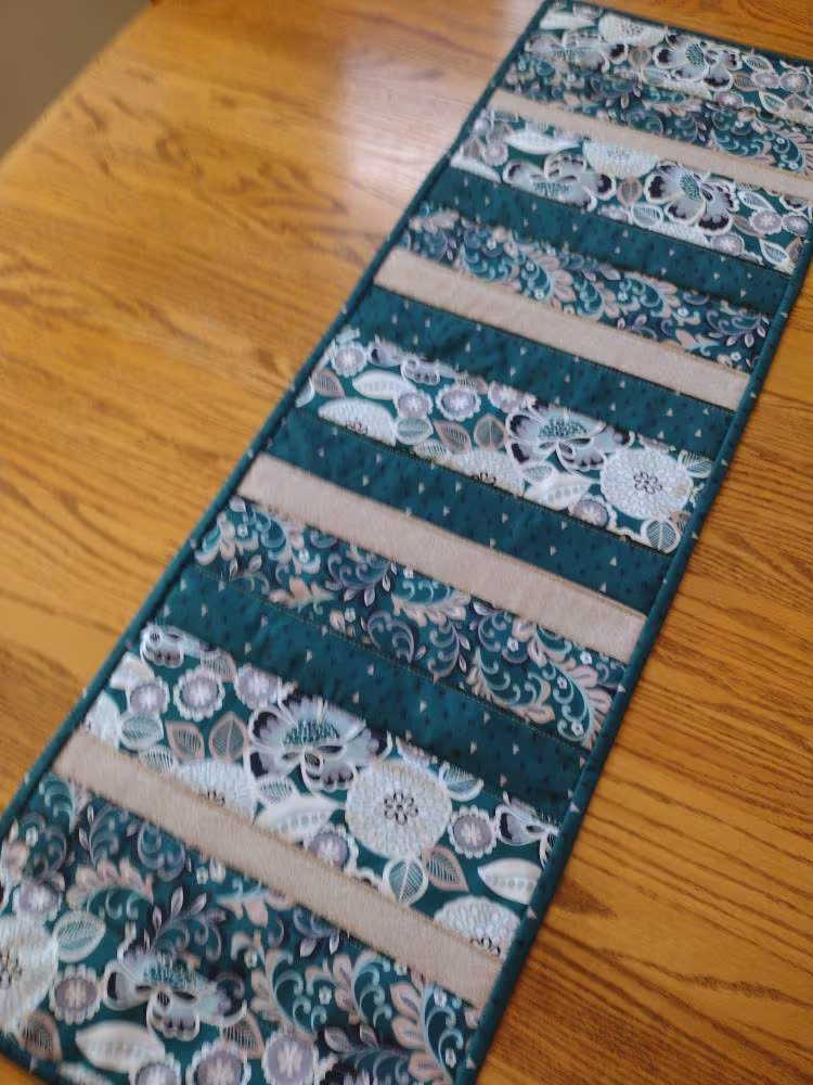 Quilted Table Runner, Teal Modern Floral 13 X 40 Inches