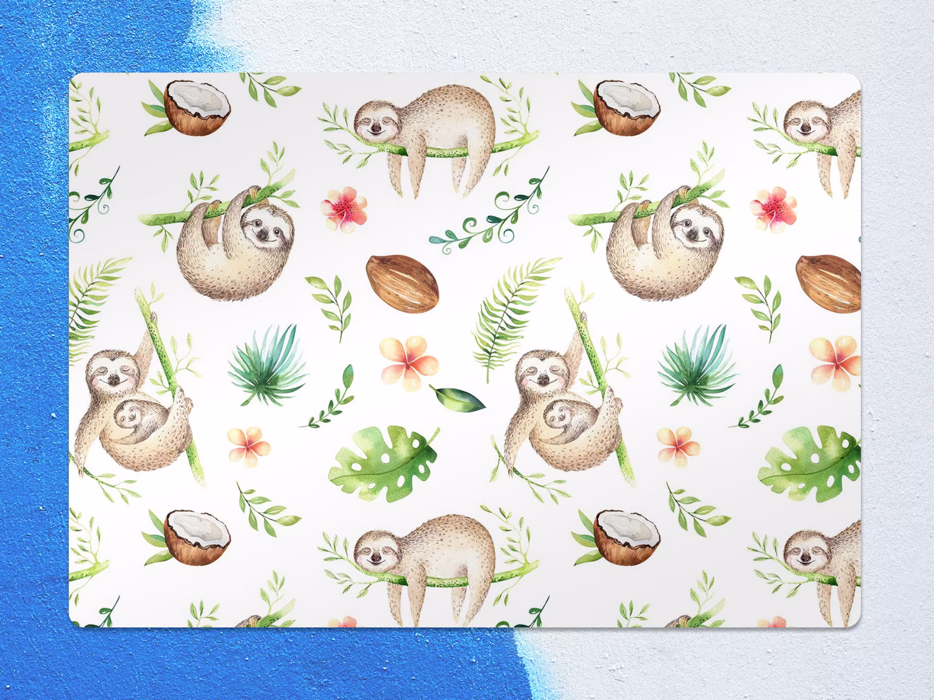 Sloth Chair Mat, Beige Vinyl Floor Green Protective Animals Splat Office Room Rug, Housewarming Gift, Splash Mat