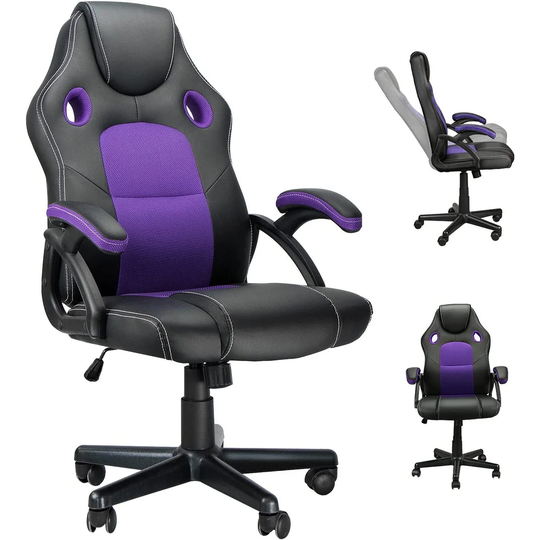 Video Game Chairs with PU Leather and Adjustable Height, Racing Office Desk Chair with Wheels for Teens and Kids, Purple