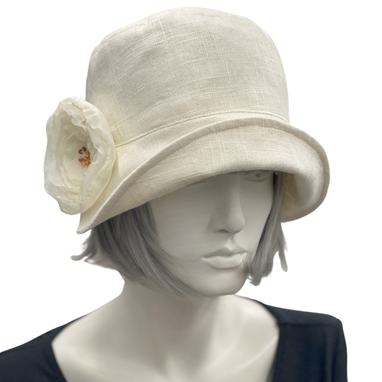 Summer Cloche Hats, Cream Linen With Chiffon Rose Brooch, Derby Hats For Women, 1920S Style Hat, Handmade in The Usa