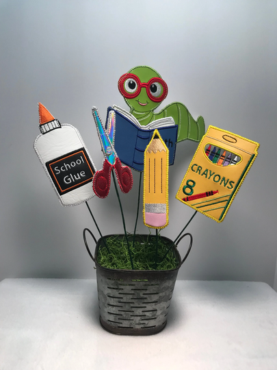 School Supplies Picks Bookworm, Pencil, Glue, Scissors & Box Of Crayons