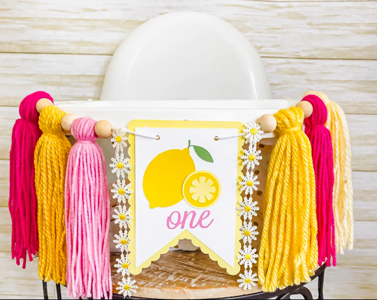 Lemonade Birthday High Chair Yarn Tassel Banner, Cake Smash Backdrop First