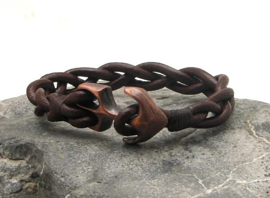 Christmas Gift For Dad. Men's Leather Bracelet Brown Braided Men's Cuff With Copper Plated Anchor Clasp. For Him