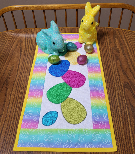 Pastel Easter Eggs Wall Hanging Or Table Topper, Handmade Centerpiece, 13 By 24 Inches, Appliqued & Embroidered Tangled Thread Spring Fabric