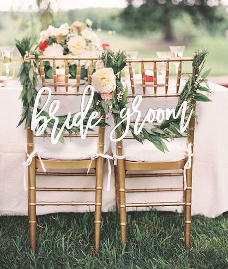 Bride & Groom Chair Signs For Wedding, Lightweight, Sweetheart Table Signs, Hanging Sign, Wooden Wedding Photo Prop