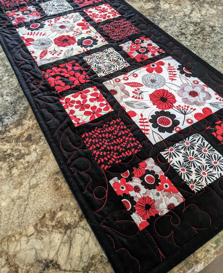 Quilted Table Runner, Red White & Black Runner