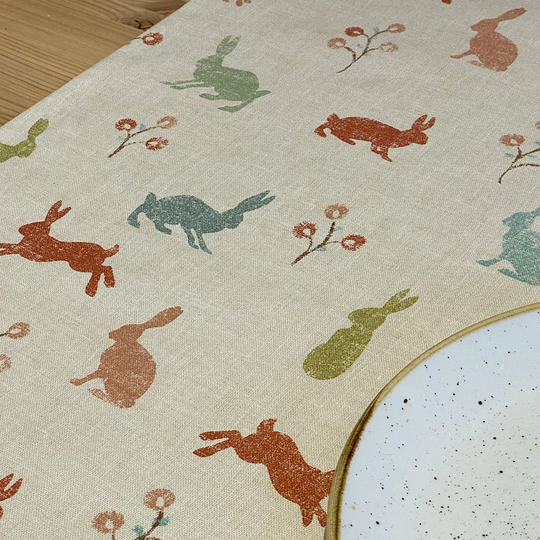 Easter Table Runner Of Pastel Coloured Rabbits With Bobble Trim