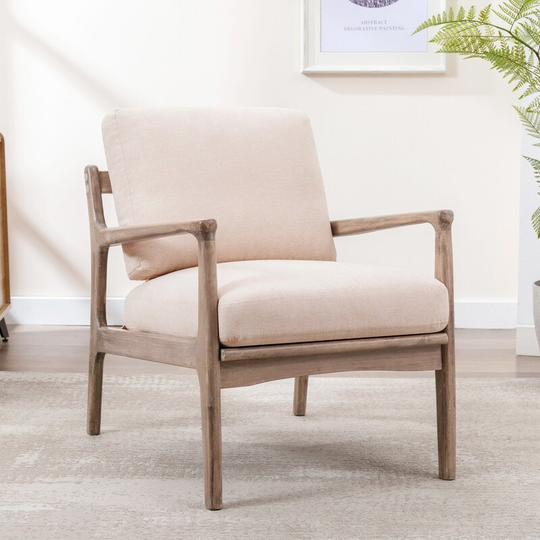 Mid Century Modern Accent Chair, Comfy Lounge Chair with Cushion and Rubberwood Frame, Upholstered Reading Armchair