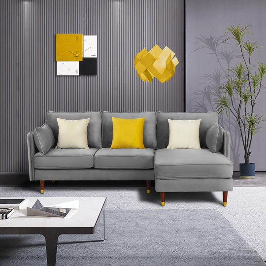 L-shaped Reversible Sectional Sofa with Velvet Stationary Sofa & Chaise Set, Pillow
