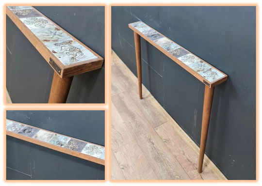 Narrow Entryway Table With Vintage Looking Tiles Slimline Wooden Console Sideboard Slim Entry Tables Gray Tiled Top Wood Legs