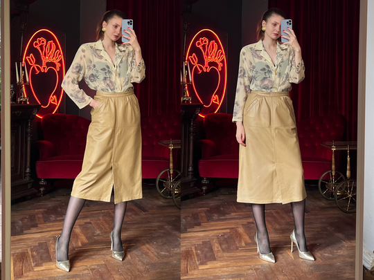 Vintage Beige Leather Skirt, French High Waist Genuine Midi Pencil Skirt