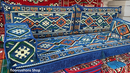 Navy Blue Floor Sofa, Arabic Majlis Sofa New Pattern, Home Decor Gift, Rug Pattern Cushion, Double-Sided Fabric Turkish Islamic Seat