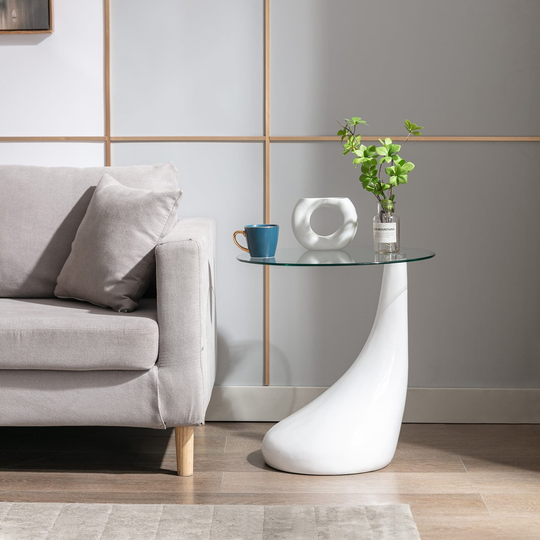 21" Round Glass End Table Coffee Table Side Table (White)