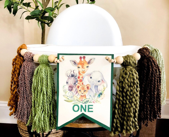 Jungle Safari Birthday High Chair Yarn Tassel Banner, Cake Smash Backdrop First