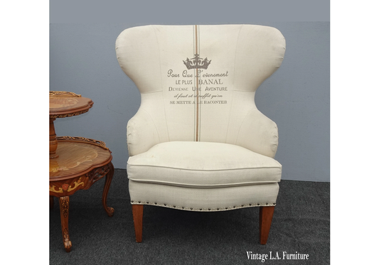 Vintage, Ethan Allen, French, Script, Off, White, Wingback, Chair, Decorative Nails