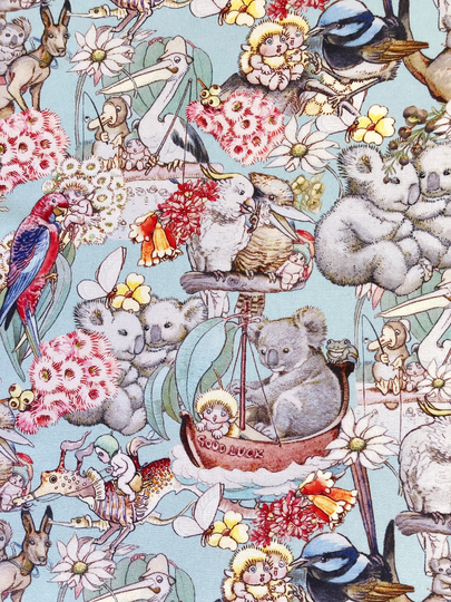 May Gibbs Pelican Tales Koala Kangaroo Gumnut Baby Floral Quilting Cotton Fabric By 1/2 Yard Or Fat Quarter, Australian Animal Birds