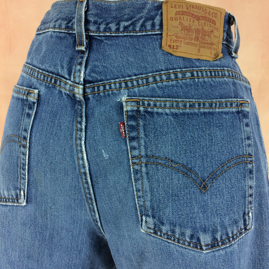 Sz 34 Vintage Distressed Levis 512 Women's Jeans High Waisted Light Wash Slim Fit Straight Leg 90S Classic Mom Made in Usa