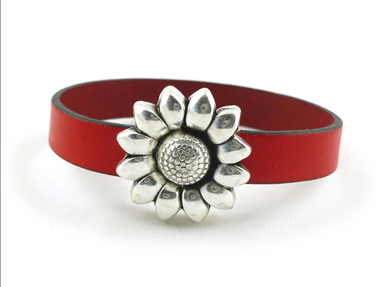 Sunflower Bracelet For Women, Red Leather Flower Jewelry, Magnetic Clasp Bracelet, Christmas Gift Mom, Graduation Her