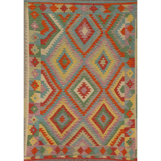 Colorful Southwestern Kilim Oriental Area Rug Hand-woven Wool Carpet - 4'10"x 6'4"