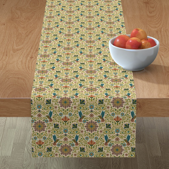 Medieval Table Runner - Hummingbirds By New Branch Studio | Melissa Pedersen Victorian Damask Cotton Sateen Spoonflower