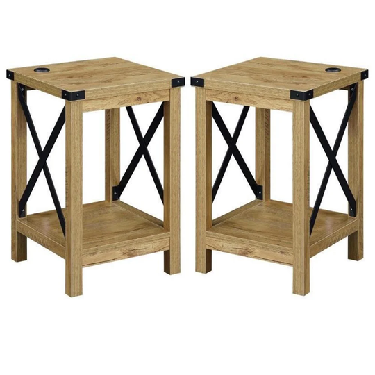 End Table with Charging Station in Light Oak Wood Finish - Set of 2 - 54 x 84
