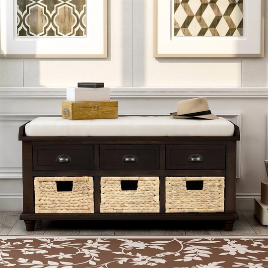 Merax 3-Drawer Storage Bench with 3 Rattan Baskets