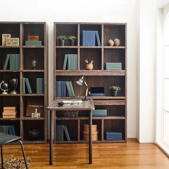 Perrisk-LD Farmhouse Wood Desk with Bookcase in Rustic Gray