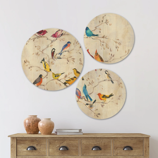 Designart 'Multi-Color Bird on Tree' Modern Farmhouse Wood Wall Art Set of 3 Circles - Multi-Color