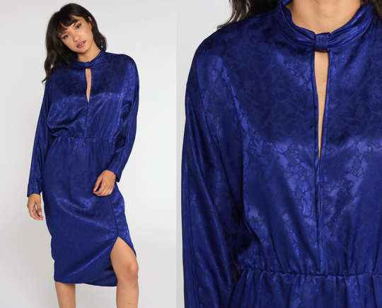 Purple Sheath Dress 80S Keyhole Midi Vintage Wiggle Pencil 1980S Slit Secretary Long Sleeve Fitted Small Medium