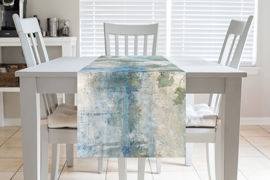 Light Blue & Green Vinyl Fabric Table Runner, Unique Coffee Long Modern Housewarming Gift