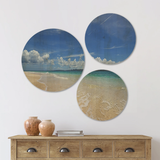 Designart 'Gorgeous Beach in summertime' Modern Seascape Wood Wall Art Set of 3 Circles - Multi-Color