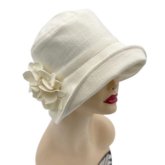 1920S Cloche Hats, Gatsby Wedding, Linen Hat With Hydrangea Brooch, Handmade in Usa