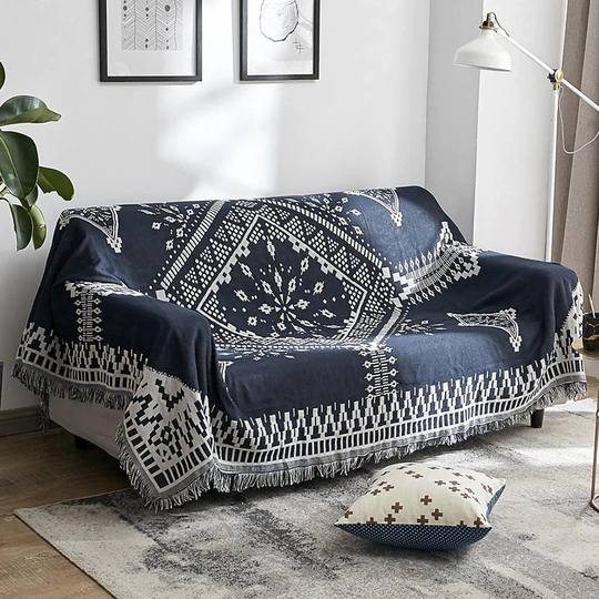 Navy Blue Bohemian Geometric Cotton Sofa Throw Blanket Handmade Throws. Ethnic Boho Couch Armchair Cover Gift For Mum Home