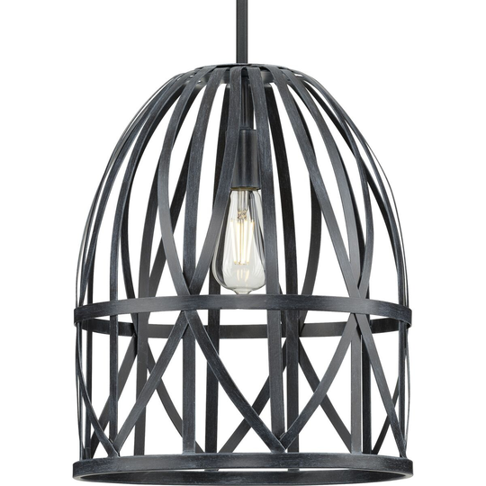 Chastain Collection One-Light Cerused Black Oak Basket Farmhouse Pendant Light - 14 in x 14 in x 17.25 in