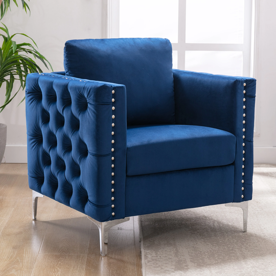 Modern Velvet Tufted Button Accent Chair, Ergonomic Comfortable Armchair Club Chair with Steel Legs for Living Room&Bedroom