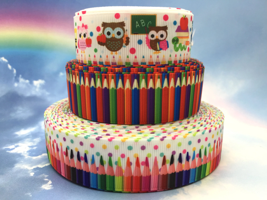 Back To School Grosgrain Ribbon 1" 25mm, Owl Ribbon, Colored Pencils, Polka Dot Sold By The Yard