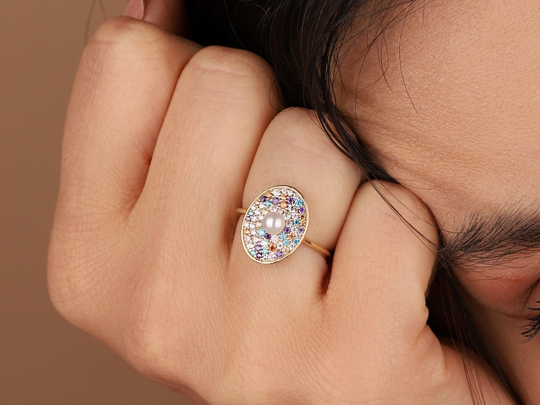 Oval Gold Ring With Colored Stones & Tiny Pearls, Graduation Gift, Mixed Stone Ring, Rainbow Color Gift For Girlfriend