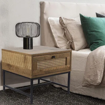 Home Furniture Series Wood And Rattan Side Table With Metal Frame, 1-Drawer Storage, Oak