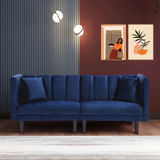 Twin Size Sleeper Sofa Velvet Futon Loveseat Sofa with Detachable Armrests and 2 Pillows, Navy Blue
