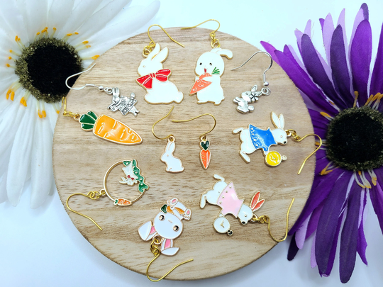 Easter Bunny Charm Earrings, Colorful White Rabbit Peep Jewelry, Resin Charm, Gift For Her, Cottage Core Whimsical Fairytale Earrings