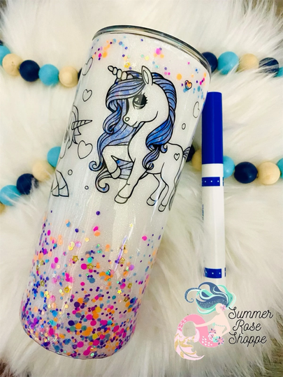Coloring Book Unicorn Kids Skinny Tumbler - Girls Stainless Steel Rainbow & Page Glitter