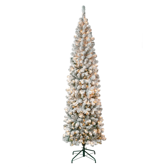 First Traditionsâ„¢ 7.5 ft. Acacia Pencil Slim Flocked Tree with Clear Lights - 7.5 ft