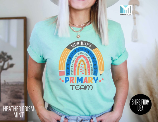 Personalized Primary Teacher Team Shirt, Custom Pencil Rainbow Tshirt, Plus Size School Aide Tee, First Grade Squad Group Gift