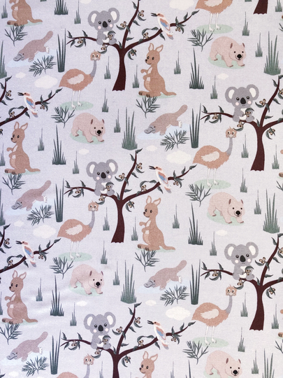 Aussie Nursery All Animals Gum Nut Tree Gray Quilting Cotton Fabric By 1/2 Yard Or Fat Quarter, Kangaroo Koala Wombat Kookaburra