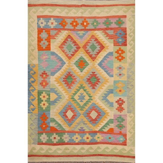 Colorful Kilim Geometric Oriental Area Rug Hand-woven Wool Carpet - 4'10"x 6'9"