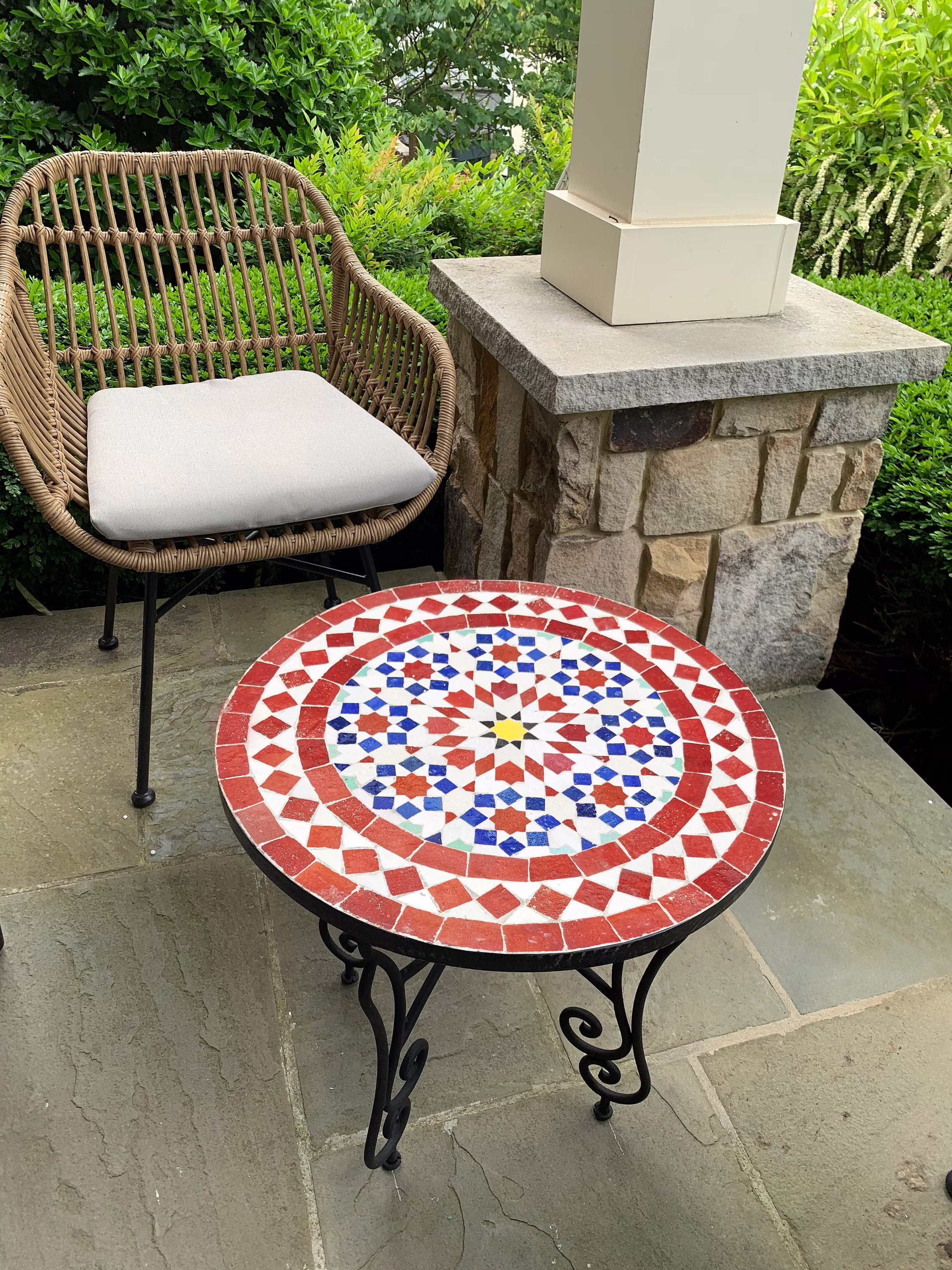 Mosaic Patio Table - Red & Blue Zellige Custom Your Height Mid Century Design Handmade Coffee For Outdoor & Indoor