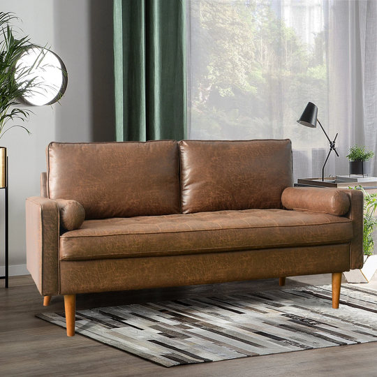 OVIOS Mid-Century Top-Grain SUEDE Leather Deep Seat Sofa With Cushions Wood Legs