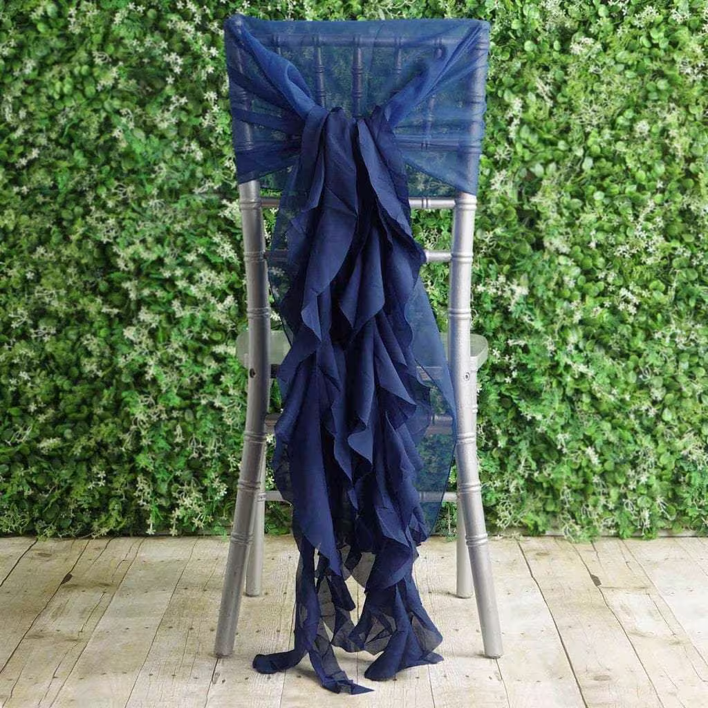Navy Blue Premium Curly Chiffon Chair Cover Cap With Sashes