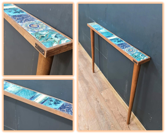 Boho Slimline Entryway Table With Aqua Tiles Slim Wooden Console Sideboard Nautical Narrow Entry Tables Blue Tiled Top Wood Legs