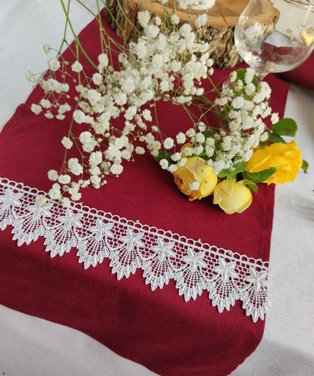 Burgundy Linen Viscose Table Runner With White Lace, Linen Table Decor, Christmas